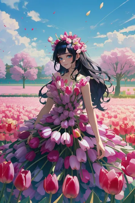 (masterpiece, best quality, beautiful and aesthetic:1.3), 1girl, light smile, solo, black hair, very long hair, (tul1pdr3ss, tulip dress), <lora:tul1pdr3ss:0.85>, upper body, looking at viewer, shiny skin, beautiful face, beautiful eyes, standing, outdoors, tulip garden, falling petals, blue sky, extreme detailed, official art, professional illustration, hires