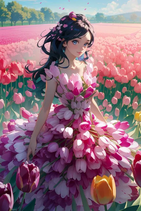 (masterpiece, best quality, beautiful and aesthetic:1.3), 1girl, light smile, solo, black hair, very long hair, (tul1pdr3ss, tulip dress), <lora:tul1pdr3ss:0.85>, upper body, looking at viewer, shiny skin, beautiful face, beautiful eyes, standing, outdoors, tulip garden, falling petals, blue sky, extreme detailed, official art, professional illustration, hires