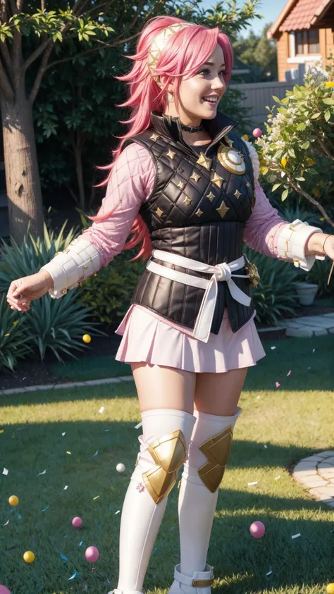 (Soleil, Fire Emblem), pink hair, pink eyes, BREAK,
hairband, armor, white shirt, long sleeves, black vest, belt, white miniskirt, white gloves, black pantyhose, thigh boots, party hat, BREAK,
(((happy birthday))), (((birthday cake))), happy smile, BREAK, outdoors, garden, daytime, balloon, confetti, celebration, <lora:add_detail:0.5> <lora:soleil-nvwls-v2:1>, masterpiece, best quality, hyperrealistic, extremely detailed, highly quality, 4k, sharp focus, professional photograph, sharp focus, award winning, cinematic lighting, octane render, unreal engine, volumetrics dtx, Wallpaper,