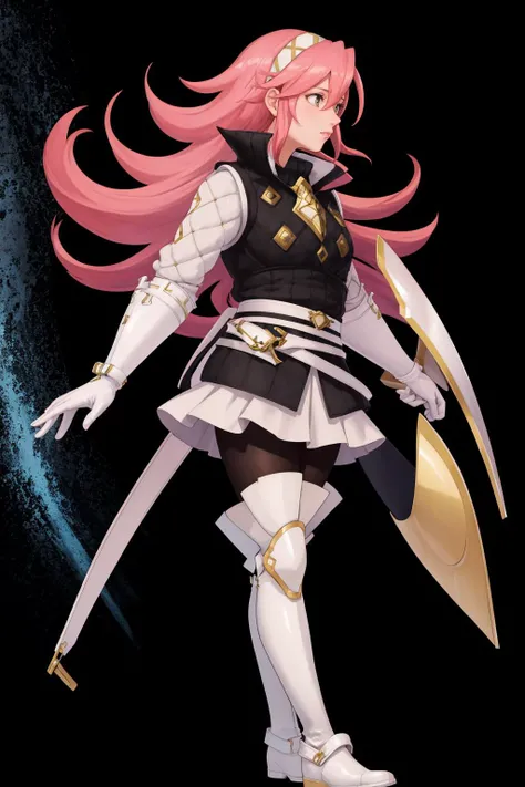 masterpiece, best quality, <lora:FEH_Concept_v2:1> black background, simple background, 1girl, solo, full body, <lora:soleil-nvwls-v1-final:1> soleil, hairband, armor, white shirt, long sleeves, black vest, belt, white miniskirt, white gloves, black pantyhose, thigh boots,