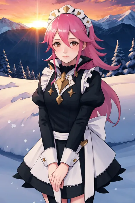 masterpiece, best quality, 1girl, solo, <lora:soleil-nvwls-v1-final:1> soleil, <lora:FEFatesMaid_v1:1> fates maid, maid headdress, sunbeam, sunset, mountain, snow, ice, cold