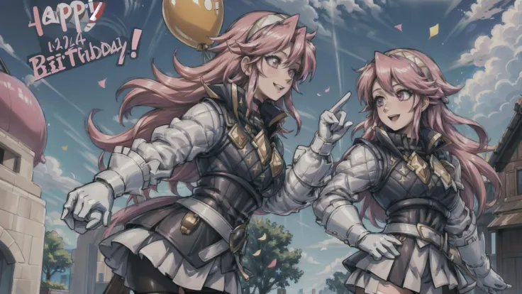 (Soleil, Fire Emblem), pink hair, pink eyes,   BREAK,
hairband, armor, white shirt, long sleeves, black vest, belt, white miniskirt, white gloves, black pantyhose, thigh boots, party hat, BREAK,
(((happy birthday))), (((birthday cake))),  happy smile, BREAK, outdoors, garden, daytime, balloon, confetti, celebration,   <lora:add_detail:0.5> <lora:soleil-nvwls-v2:1>, masterpiece, best quality, hyperrealistic, extremely detailed, highly quality, 4k, sharp focus, professional photograph, sharp focus, award winning, cinematic lighting, octane render, unreal engine, volumetrics dtx, Wallpaper,