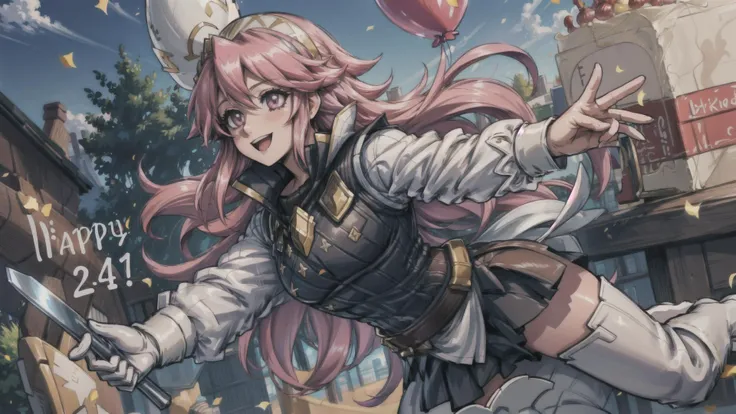 (Soleil, Fire Emblem), pink hair, pink eyes,   BREAK,
hairband, armor, white shirt, long sleeves, black vest, belt, white miniskirt, white gloves, black pantyhose, thigh boots, party hat, BREAK,
(((happy birthday))), (((birthday cake))),  happy smile, BREAK, outdoors, garden, daytime, balloon, confetti, celebration,   <lora:add_detail:0.5> <lora:soleil-nvwls-v2:1>, masterpiece, best quality, hyperrealistic, extremely detailed, highly quality, 4k, sharp focus, professional photograph, sharp focus, award winning, cinematic lighting, octane render, unreal engine, volumetrics dtx, Wallpaper,