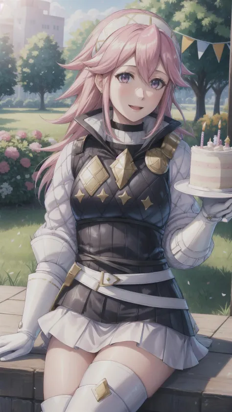 (Soleil, Fire Emblem), pink hair, pink eyes, BREAK,
hairband, armor, white shirt, long sleeves, black vest, belt, white miniskirt, white gloves, black pantyhose, thigh boots, party hat, BREAK,
(((happy birthday))), (((birthday cake))), happy smile, BREAK, outdoors, garden, daytime, balloon, confetti, celebration, <lora:add_detail:0.5> <lora:soleil-nvwls-v2:1>, masterpiece, best quality, hyperrealistic, extremely detailed, highly quality, 4k, sharp focus, professional photograph, sharp focus, award winning, cinematic lighting, octane render, unreal engine, volumetrics dtx, Wallpaper,