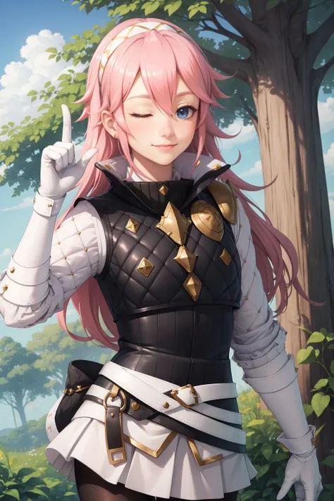 masterpiece, best quality, soleil, hairband, armor, white shirt, long sleeves, black vest, belt, white miniskirt, black pantyhose, white gloves, upper body, one eye closed, smile, closed mouth, index finger, trees, sky, forest <lora:soleil-nvwls-v2-000010:0.9>