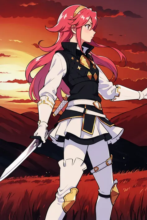 masterpiece, best quality, soleil, hairband, armor, white shirt, long sleeves, black vest, belt, white miniskirt, black pantyhose, white gloves, thigh boots, from side, standing, furrowed brow, one handed sword, red sky, field <lora:soleil-nvwls-v2-000010:0.9> <lora:UnlimitedBladeWorksv0.4:0.6>