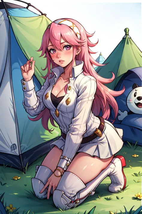 masterpiece, best quality, soleil, hairband, white shirt, long sleeves, cleavage, white miniskirt, thigh boots, kneeling, blushing, confused, tent, camp <lora:soleil-nvwls-v2-000010:0.8>