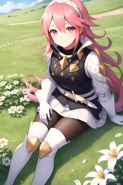 masterpiece, best quality, soleil, hairband, armor, white shirt, long sleeves, black vest, belt, white miniskirt, black pantyhose, white gloves, thigh boots, field of flowers, sitting on the ground, looking up, from above, smile <lora:soleil-nvwls-v2-000010:0.9>
