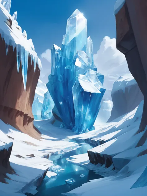 crystalline, digital painting, noon, blue sky, clouds scenery, in a Ice-Covered Canyons<lora:EnvyCrystallineXL01:1>