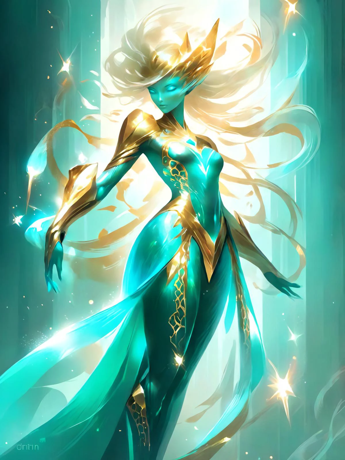 ethereal fantasy concept art of <lora:EnvyCrystallineXL01:1> 1girl, full body shot, dynamic pose, (crystalline:1.3), gold and turquoise theme with red accents, <lora:add-detail-xl:1> <lora:EnvyMechaGirlXL01:1> , magnificent, celestial, ethereal, painterly, epic, majestic, magical, fantasy art, cover art, dreamy, high key lighting, cinematic lighting