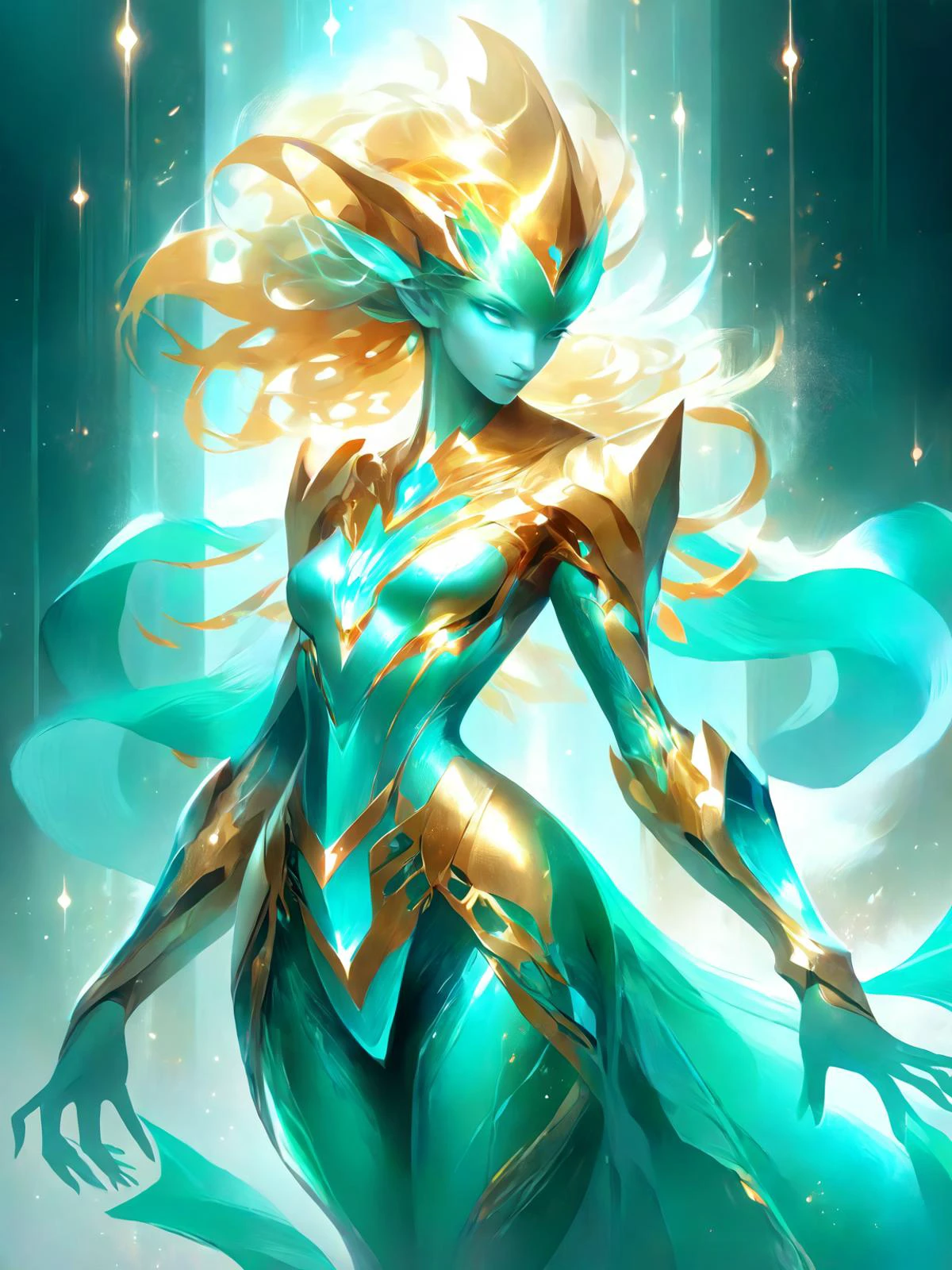 ethereal fantasy concept art of <lora:EnvyCrystallineXL01:1> 1girl, full body shot, dynamic pose, (crystalline:1.3), gold and turquoise theme with red accents, <lora:add-detail-xl:1> <lora:EnvyMechaGirlXL01:1> , magnificent, celestial, ethereal, painterly, epic, majestic, magical, fantasy art, cover art, dreamy, high key lighting, cinematic lighting