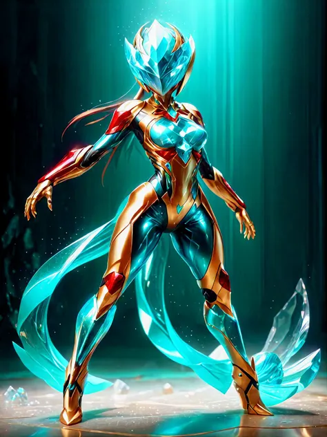 <lora:EnvyCrystallineXL01:1> 1girl, full body shot, dynamic pose, (crystalline:1.3), gold and turquoise theme with red accents, <lora:add-detail-xl:1> <lora:EnvyMechaGirlXL01:1>, cinematic lighting