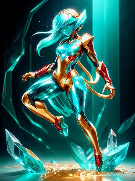 <lora:EnvyCrystallineXL01:1> 1girl, full body shot, dynamic pose, (crystalline:1.3), gold and turquoise theme with red accents, <lora:add-detail-xl:1> <lora:EnvyMechaGirlXL01:1>, cinematic lighting