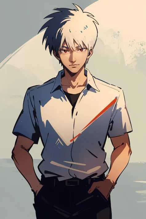 (masterpiece, high quality, highres:1),1boy,male focus,<lora:akagi-wasabiya:1>,akagi,short sleeves,shirt,simple background,hands in pockets,white shirt,cowboy shot,red eyes,