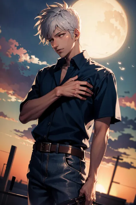 (masterpiece, high quality, highres:1),1boy,solo,<lora:akagi-wasabiya:1>,akagi,shirt,short sleeves, cowboy shot,