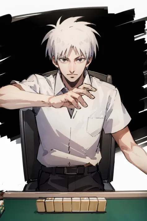 (masterpiece, high quality, highres:1),<lora:mahjong-wasabiya:1>,mahjong,chair,table,<lora:akagi-wasabiya:1>,akagi,shirt,1boy,solo,male focus,white shirt,collared shirt,short sleeves,black eyes,looking at viewer,