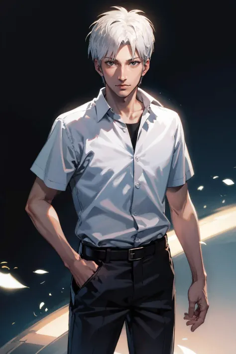 (masterpiece, high quality, highres:1),1boy,solo,<lora:akagi-wasabiya:1>,akagi,shirt,short sleeves,cowboy shot,simple background, black eyes,