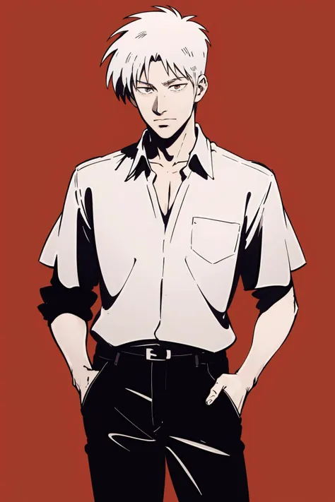 (masterpiece, high quality, highres:1),1boy,solo,male focus,<lora:akagi-wasabiya:1>,akagi,cowboy shot,simple background,collared shirt,hand in pocket,monochrome, red theme