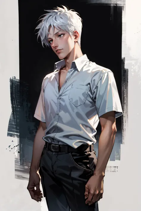 (masterpiece, high quality, highres:1),1boy,solo,<lora:akagi-wasabiya:1>,akagi,shirt,short sleeves,cowboy shot,simple background, black eyes,