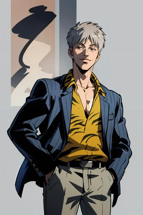 (masterpiece, high quality, highres:1),1boy,solo,male focus,<lora:akagi-wasabiya:1>,akagi,cowboy shot,simple background,old man,formal,jacket,(old:1.5),grey jacket,wrinkled skin,shirt,long sleeves,grey hair,animal print,smile,skinny,striped,tiger print,striped jacket,hands in pockets,cigarette,holding cigarette,black eyes,