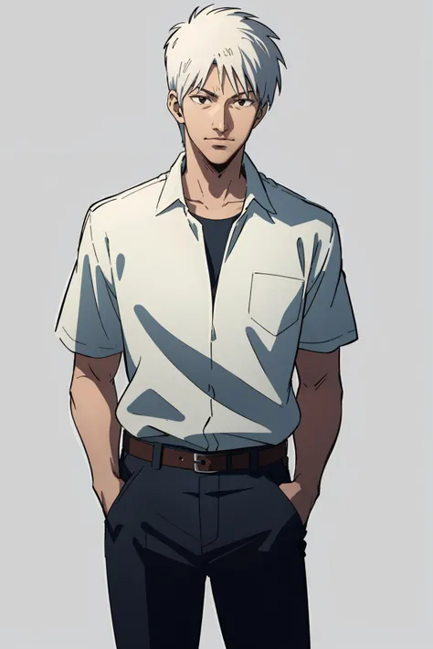 (masterpiece, high quality, highres:1),1boy,male focus,<lora:akagi-wasabiya:1>,akagi,short sleeves,shirt,simple background,hands in pockets,white shirt,cowboy shot,black eyes,