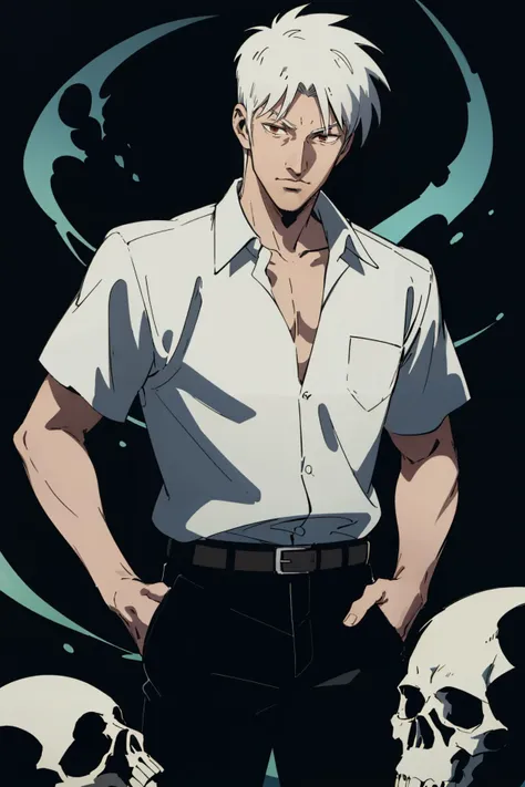(masterpiece, high quality, highres:1),1boy,male focus,<lora:akagi-wasabiya:1>,akagi,cowboy shot,simple background,collared shirt,hand in pocket,BREAK floating skull,death,grim reaper,2other,multiple others,skeleton,black background,white shirt,short sleeves,