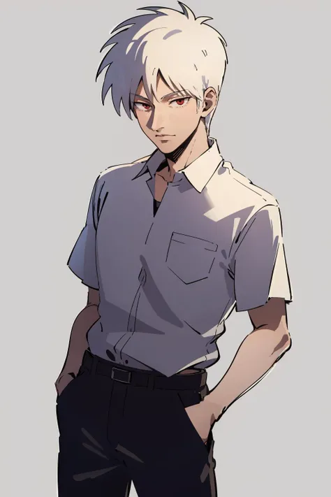 (masterpiece, high quality, highres:1),1boy,male focus,<lora:akagi-wasabiya:1>,akagi,short sleeves,shirt,simple background,hands in pockets,white shirt,cowboy shot,red eyes,