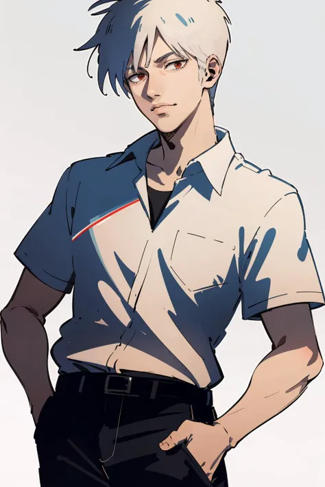 (masterpiece, high quality, highres:1),1boy,male focus,<lora:akagi-wasabiya:1>,akagi,short sleeves,shirt,simple background,hands in pockets,white shirt,cowboy shot,red eyes,