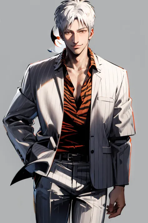 (masterpiece, high quality, highres:1),1boy,solo,male focus,<lora:akagi-wasabiya:1>,akagi,cowboy shot,simple background,old man,formal,jacket,(old:1.5),grey jacket,wrinkled skin,shirt,long sleeves,grey hair,animal print,smile,skinny,striped,tiger print,