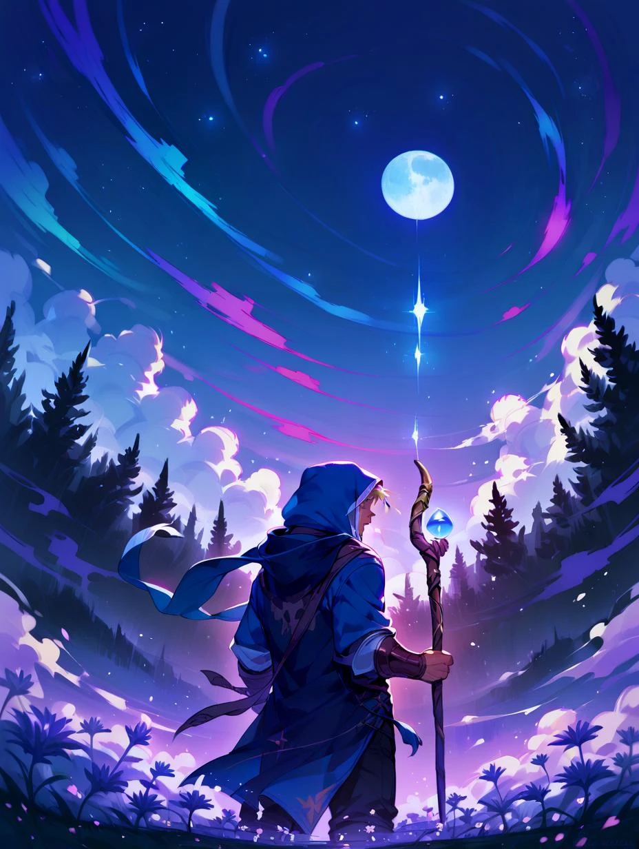 score_9,score_8_up,score_7_up,score_6_up,score_5_up,score_4_up solo,long hair,1boy,holding,standing,weapon,flower,male focus,outdoors,sky,cloud,hood,night,moon,grass,staff,star (sky),night sky,full moon,hood up,blue theme,fantasy,holding staff,field, rating_explicit,nsfw <lora:neoartcore-lora_PonyXL01C:0.8>,rimlight,neon,gradient,<lora:Saffy-Style-NeonFantasy-000017:0.5>,