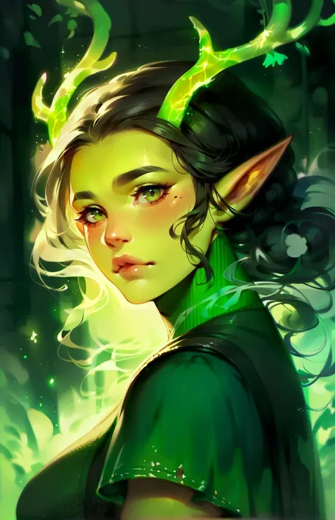 score_9,score_8_up,score_7_up,score_6_up,score_5_up,score_4_up,1girl,solo,long hair,looking at viewer,black hair,green eyes,upper body,horns,pointy ears,from side,lips,elf,antlers,green theme,<lora:neoartcore-lora_PonyXL01C:0.8>,<lora:Saffy-Vibe-WitchyFantasyCottagecoreAnimeDeath:0.3>,rimlight,neon,gradient,<lora:Saffy-Style-NeonFantasy-000017:0.8>,