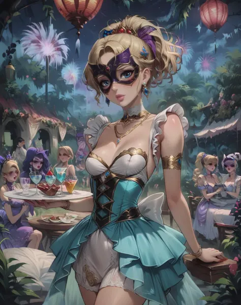 score_9, score_8_up, score_7_up, waiter girl at masquerade orgy carnival, carnival, many others, night, low light, standing, waiter, ((masquerade mask)), blonde hair, high ponytail, blue eyes, hair ornament, puffy lips, pink lips, blush, earrings, necklace, jewelry, red nails, sleeveless, small breasts, (nipples:0.6), very short dress, open shoulders, (navel:0.5), <lora:Concept Art Eclipse Style LoRA_Pony XL v6:1.0> <lora:OldAnimeStyle_XL_v3:0.6> <lora:princess_xl_v2:0.6> <lora:neoartcore-lora_PonyXL01C:0.4> <lora:easynegative:1>