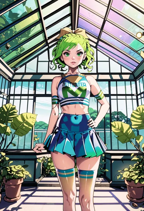 anime style, cel shading, bold lines, bokeh,1girl, (peanut butter girl cheerleader:1.3), (in a  conservatory:1.3), scenery, full body, neon ultraviolet hair, Messy Fishtail Braid, light green eyes, [:wild, wild costume design:0.2], , <lora:EnvyBeautyMixXL01_prodigy_hyperdrive_0.3-000020:1>