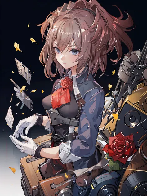 sheffield \(kancolle\) , 1girl, red flower, solo, red rose, flower, rose, gloves, white gloves, military, uniform, military uniform, red ascot, upper body, ascot, breasts, long sleeves, gradient background, closed mouth, gradient, medium breasts, original, intricate detail, illustration, masterpiece, extremely detailed CG unity 8k wallpaper, highlight, sharpening, dynamic, <lora:Sheffield-2:0.5>