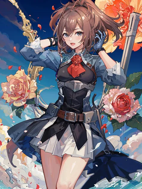 sheffield \(kancolle\) , 1girl, red flower, solo, red rose, flower, rose, gloves, skirt, white gloves, red ascot, uniform, ascot, belt, military, military uniform, white skirt, brown belt, pleated skirt, belt buckle, buckle, long sleeves, open mouth, blush, breasts, adjusting gloves, cowboy shot, petals, original, intricate detail, illustration, masterpiece, extremely detailed CG unity 8k wallpaper, highlight, sharpening, dynamic, <lora:Sheffield-2:0.5>
