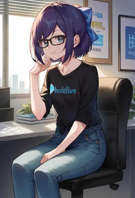 score_9, score_6_up, source_anime, 1girl, solo, office, sitting, office chair, a-chan_1111, black shirt, print shirt, jeans, black-framed eyewear, blue bow, hair bow, light smile <lora:a-chanXL:1>