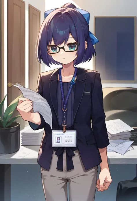 score_9, score_6_up, source_anime, 1girl, solo, office, holding papers, a-chan_2222, black jacket, vertical-striped shirt, lanyard, id card, grey pants, black-framed eyewear, blue bow, hair bow, :o <lora:a-chanXL:1>