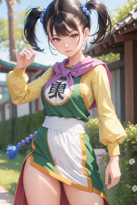 (masterpiece, best quality:1.1), fighter (dq3), 1girl, solo, long hair, twintails, looking at viewer, black hair, hair ornament, long sleeves, dress, medium breasts, closed mouth, cowboy shot, black eyes, arm up, chinese clothes, hair bobbles, clenched hand, fighting stance, yin yang simple background, <lora:fighterDragonQuest_v10:1>