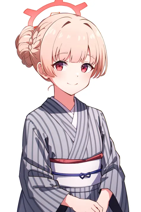 <lora:Amami Nodoka:0.8>, amami nodoka, 1girl, solo, looking at viewer, smile, bangs, simple background, red eyes, long sleeves, white background, closed mouth, upper body, braid, japanese clothes, wide sleeves, kimono, hair bun, sash, halo, obi, single hair bun, vertical stripes, striped kimono