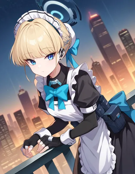 score_9, score_8_up, score_7_up, source_anime,
tokiasuma, <lora:toki-asuma-ponyxl-lora-nochekaiser:1>
toki, blonde hair, blue eyes,
hair bun, short hair, halo, apron, belt pouch, black dress, black gloves, blue bow, bow, dress, elbow gloves, fingerless gloves, gloves, halo, long sleeves, maid, maid apron, maid headdress, pouch,
outdoors, cityscape, bent over,
looking at viewer, dutch angle, cowboy shot