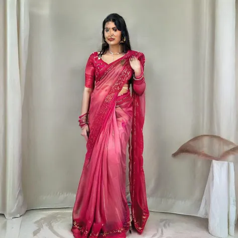 1girl, beautiful, realistic, ultra-detailed, wearing Saree, Blouse, Indian Saree