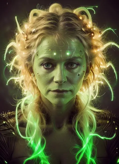 portrait of hmo1, messy hair, woman in Bioluminescent Alien Jumpsuit, Protruding Eyestalk Headpiece, Energy Whip, Quantum Teleporter, Alien Crystal Amulet, epic (photo, studio lighting, hard light, sony a7, 50 mm, matte skin, pores, colors, hyperdetailed, hyperrealistic), <lora:HelenMirrenOld:1>