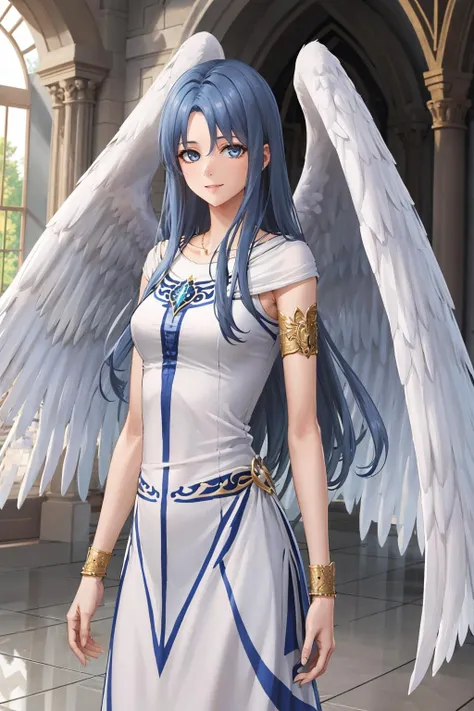 masterpiece, best quality, <lora:feena-nvwls-v1-000009:0.9> angelFeena, angel wings, white dress, armlet, bracelet, indoors, upper body, looking at viewer, greek architecture, marble floor, looking at viewer, smile