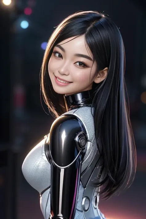 <lora:LowRA:0.5>,(masterpiece, best quality, highres:1.2), (photorealistic:1.2), (intricate and beautiful:1.2), (detailed light:1.2), (colorful, dynamic angle), RAW photo, upper body shot, fashion photography,(highres textures), dynamic pose, bokeh, soft light passing through hair, (abstract background:1.3), (sharp), exposure blend, bokeh, (hdr:1.4), high contrast, (cinematic), (muted colors, dim colors, soothing tones:1.3), morbid, pale skin, asian, girl, youthful adult, college age, 19 year old, best quality, standing, arms behind back, blush, muscular, cybersuit, latex bodysuit, long sleeves, cybernetic, science fiction, flat chest, narrow waist, neat hair, very long jet black hair, brown eyes, bushy eyebrows, Cambodian, (smile, grin, loving expression, looking at viewer, confident, smirk), healthy, ass-length jet black hair is brushed back over her shoulders, pink nipples are puffy,