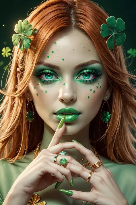 ((masterpiece, best quality)),  <lora:ShamrockWorld-10:0.8>, ShamrockWorld,  clover, four-leaf clover, light particles,  1girl, solo, long hair, looking at viewer, jewelry, green eyes, orange hair, fingernails, makeup, ring, lipstick, portrait, eyeshadow, spot color, green nails, green theme, green lips