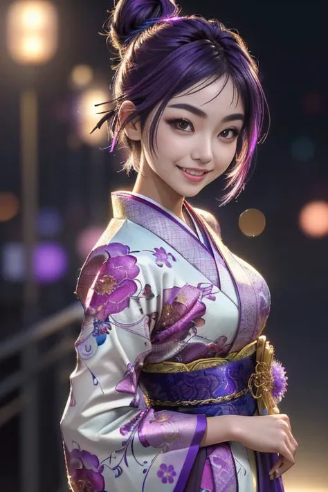<lora:LowRA:0.5>,(masterpiece, best quality, highres:1.2), (photorealistic:1.2), (intricate and beautiful:1.2), (detailed light:1.2), (colorful, dynamic angle), RAW photo, upper body shot, fashion photography,(highres textures), dynamic pose, bokeh, soft light passing through hair, (abstract background:1.3), (sharp), exposure blend, bokeh, (hdr:1.4), high contrast, (cinematic), (muted colors, dim colors, soothing tones:1.3), morbid, fair skin, asian, woman, youthful adult, college age, 21 year old, standing, arms behind back, slim, kimono, medium breasts, short light purple hair in a messy bun, brown eyes, natural eyebrows, Japanese, (smile, grin, loving expression, looking at viewer)