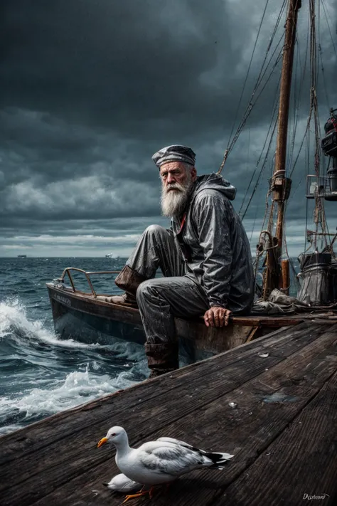 (RAW photo, 8k uhd, Analog style, Masterpiece, Best Quality, Highres:1.4), (dramatic, cinematic:1.2), BREAK,
shot of (80 yo:1.2) (old male:1.3) (fisherman:1.25) (sailor man:1.25) (sitting:1.1) (on deck:1.35) of (old dilapidated:1.2) (wooden sailboat:1.3), against railing, (from side:1.2), (stern face:1.2), (deep wrinkles:1.2), (gray long beard:1.3), (grey eyes:1.2), ((shabby:1.2) old (torn:1.15) (raincoat:1.1), brown (pants:1.1), (sailor hat:1.1) (sou'wester:1.2), jackboots:1.1), (lowered head:1.2), (tired sad expression:1.15), BREAK,
(stormy sea, gloomy dark clouds:1.2) on background, (splashes, water drops, rain:1.25), (seafoam:1.1), (flying white seagulls:1.25), (rocks, cliffs:1.3), (dark haze:1.2), (wet clothes:1.1), fishing (nets with fish:1.3) on deck, (ropes:1.1), (tense hopeless eerie atmosphere, cold, floes:1.2), BREAK,
(photorealistic:1.3), (rough details, (male focus:1.1):1.2), (desaturated, cold lighting:1.3), (hyperdetailed, absurdres:1.2), BREAK,
<lora:more_details:0.9>,
<lora:zoom_slider_v1:4.66>,