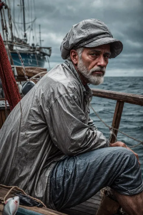 (RAW photo, 8k uhd, Analog style, Masterpiece, Best Quality, Highres:1.4), (dramatic, cinematic:1.2), BREAK,
shot of (80 yo:1.2) (old male:1.3) (fisherman:1.25) (sailor man:1.25) (sitting:1.1) (on deck:1.35) of (old dilapidated:1.2) (wooden sailboat:1.3), against railing, (from side:1.2), (stern face:1.2), (deep wrinkles:1.2), (gray long beard:1.3), (grey eyes:1.2), ((shabby:1.2) old (torn:1.15) (raincoat:1.1), brown (pants:1.1), (sailor hat:1.1) (sou'wester:1.2), jackboots:1.1), (lowered head:1.2), (tired sad expression:1.15), BREAK,
(stormy sea, gloomy dark clouds:1.2) on background, (splashes, water drops, rain:1.25), (seafoam:1.1), (flying white seagulls:1.25), (rocks, cliffs:1.3), (dark haze:1.2), (wet clothes:1.1), fishing (nets with fish:1.3) on deck, (ropes:1.1), (tense hopeless eerie atmosphere, cold, floes:1.2), BREAK,
(photorealistic:1.3), (rough details, (male focus:1.1):1.2), (desaturated, cold lighting:1.3), (hyperdetailed, absurdres:1.2), BREAK,
<lora:more_details:0.9>,
<lora:zoom_slider_v1:4.66>,