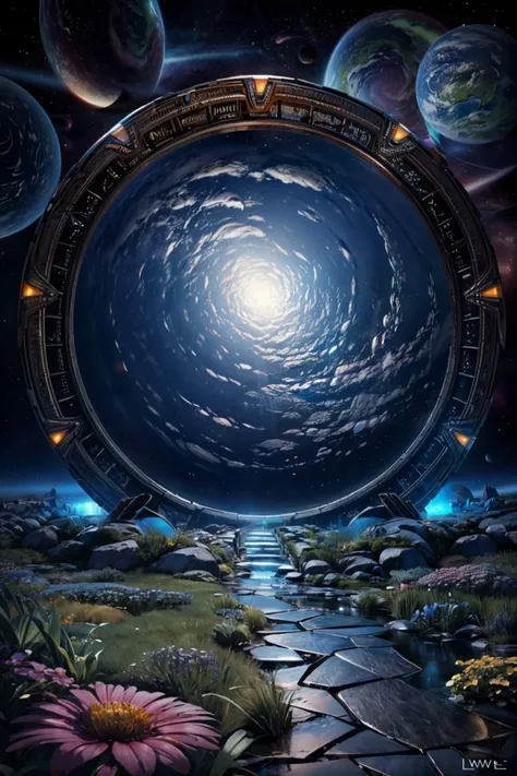 (ultra realistic,32k, masterpiece:1.2),(high detailed skin:1.1),( high quality:1.1), ((masterpiece, best quality)), <lora:Stargate:0.8>, Stargate, sky, no humans, star (sky), scenery, space, planet, earth (planet), spacecraft blooming stars, luminescent petals, otherworldly fragrance blurry background, <lora:add_detail:0.92>, (glowwave:1.1),