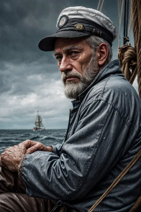 (RAW photo, 8k uhd, Analog style, Masterpiece, Best Quality, Highres:1.4), (dramatic, cinematic:1.2), BREAK,
shot of (80 yo:1.2) (old male:1.3) (fisherman:1.25) (sailor man:1.25) (sitting:1.1) (on deck:1.35) of (old dilapidated:1.2) (wooden sailboat:1.3), against railing, (from side:1.2), (stern face:1.2), (deep wrinkles:1.2), (gray long beard:1.3), (grey eyes:1.2), ((shabby:1.2) old (torn:1.15) (raincoat:1.1), brown (pants:1.1), (sailor hat:1.1) (sou'wester:1.2), jackboots:1.1), (lowered head:1.2), (tired sad expression:1.15), BREAK,
(stormy sea, gloomy dark clouds:1.2) on background, (splashes, water drops, rain:1.25), (seafoam:1.1), (flying white seagulls:1.25), (rocks, cliffs:1.3), (dark haze:1.2), (wet clothes:1.1), fishing (nets with fish:1.3) on deck, (ropes:1.1), (tense hopeless eerie atmosphere, cold, floes:1.2), BREAK,
(photorealistic:1.3), (rough details, (male focus:1.1):1.2), (desaturated, cold lighting:1.3), (hyperdetailed, absurdres:1.2), BREAK,
<lora:more_details:0.9>,
<lora:zoom_slider_v1:4.66>,